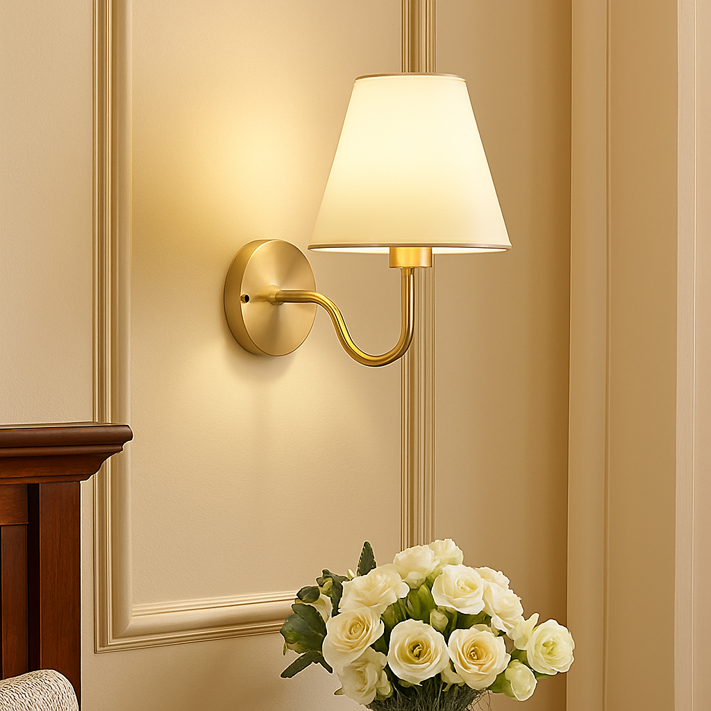 5/12W American Fabric Wall Lamp Modern Gold LED E27 Bulb Cloth Lampshade Wall Light for Hotel Bedroom Bedside Decoration Sconces - vue 3 sur 10