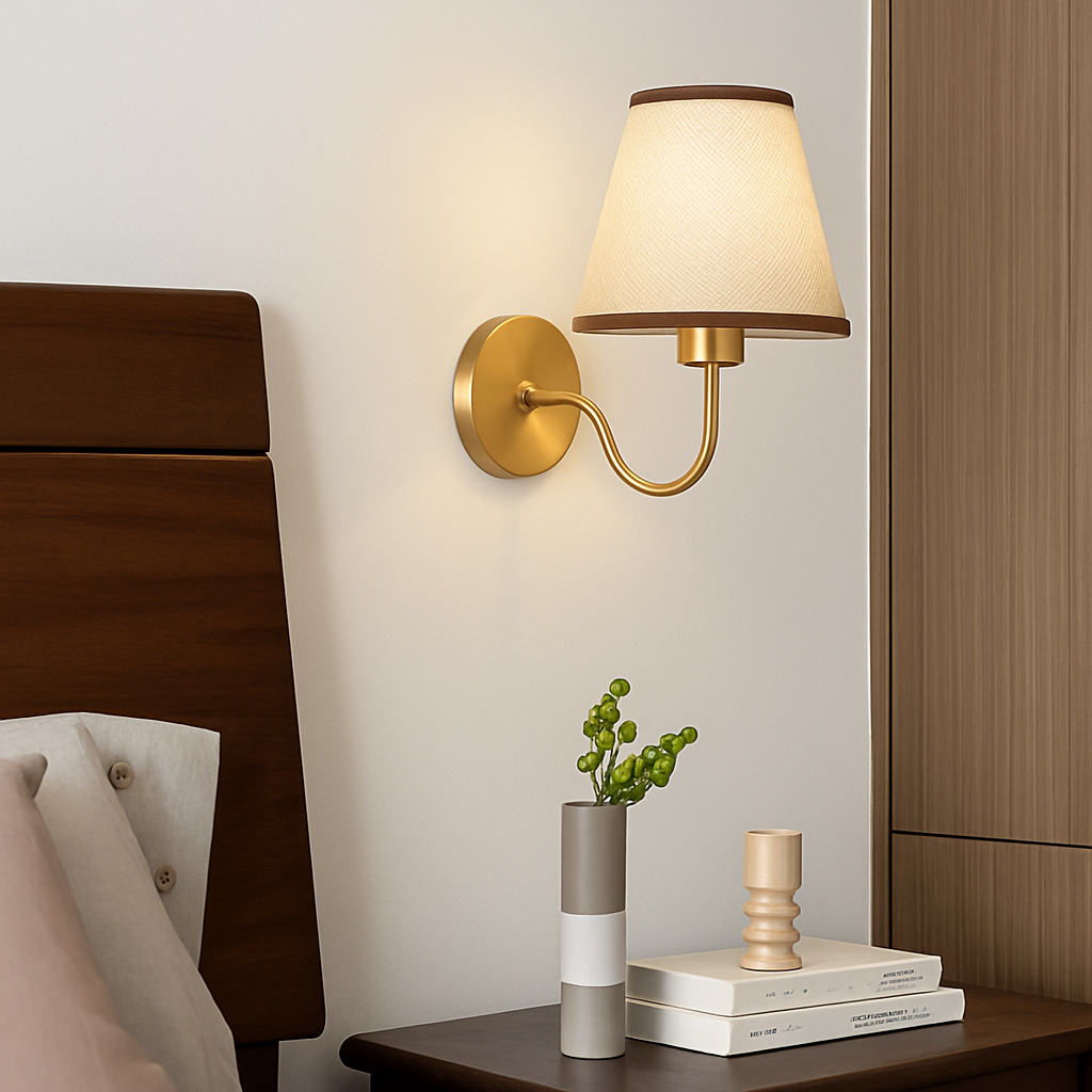 5/12W American Fabric Wall Lamp Modern Gold LED E27 Bulb Cloth Lampshade Wall Light for Hotel Bedroom Bedside Decoration Sconces - vue 4 sur 10