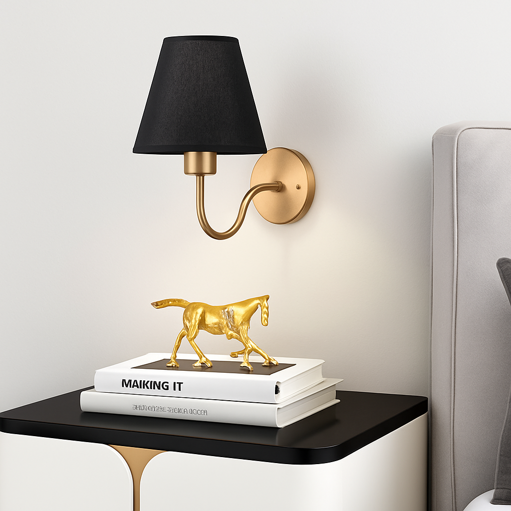 5/12W American Fabric Wall Lamp Modern Gold LED E27 Bulb Cloth Lampshade Wall Light for Hotel Bedroom Bedside Decoration Sconces - vue 6 sur 10