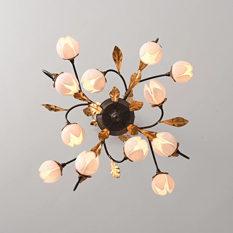 lustre antique avec abat-jour en forme de tulipe art - vue 4 sur 13