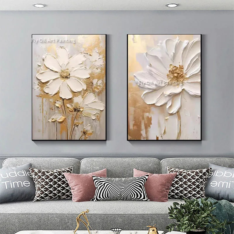 grande peinture à lhuile fleurs abstrait art mural décor intérieur - vue 5 sur 7