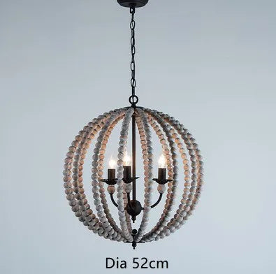 lustre rond en perles de bois style rétro rustique en fer blanc - vue 9 sur 11