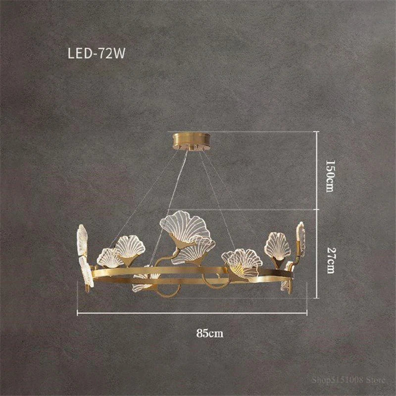 lustre en cuivre simple avec feuilles design led style chinois - vue 8 sur 9