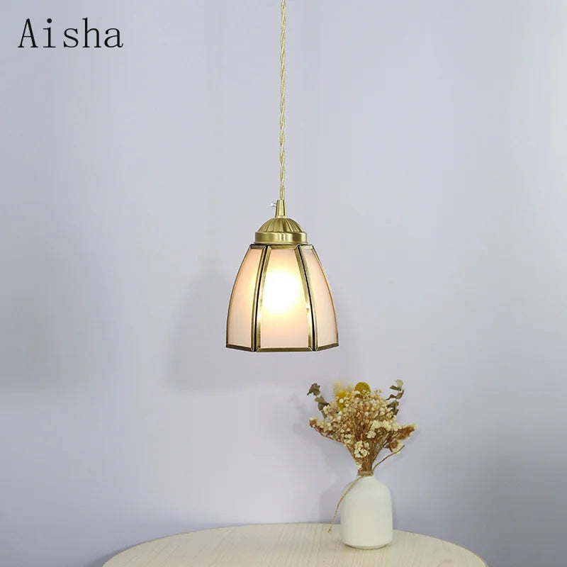 suspension vintage en verre japonais et cuivre design nordique - vue 2 sur 10