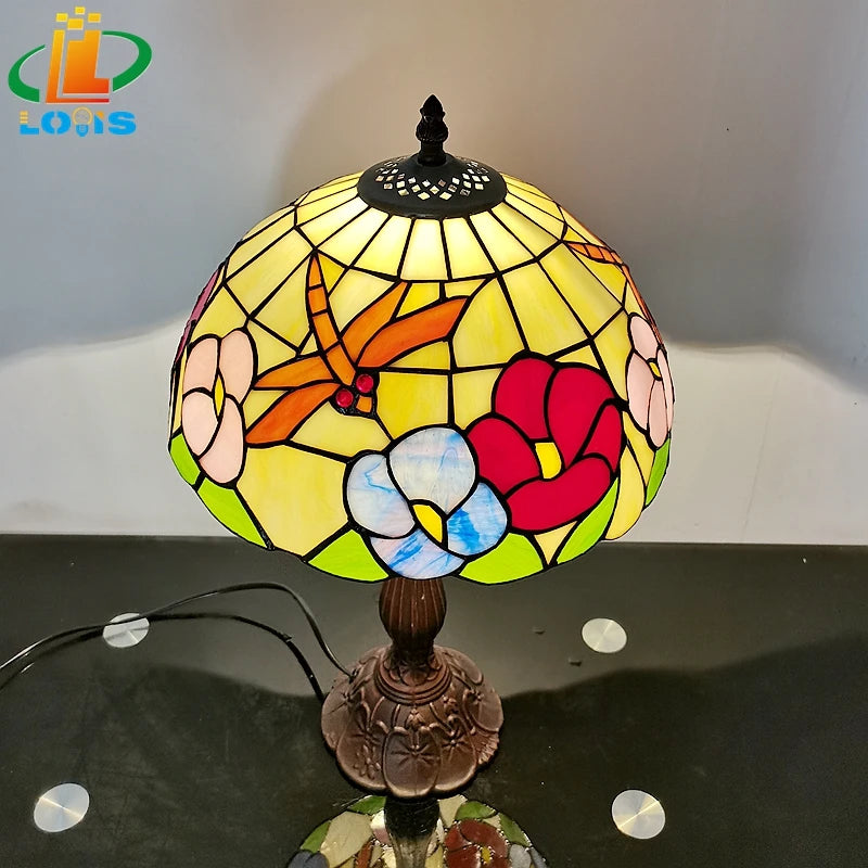lampe de table style tiffany avec fleurs et libellules décorative - vue 3 sur 6