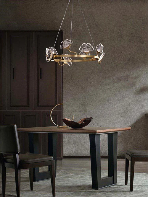 lustre en cuivre simple avec feuilles design led style chinois - vue 4 sur 9
