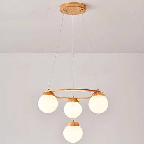suspension nordique moderne en bois et verre blanc - vue 4 sur 15