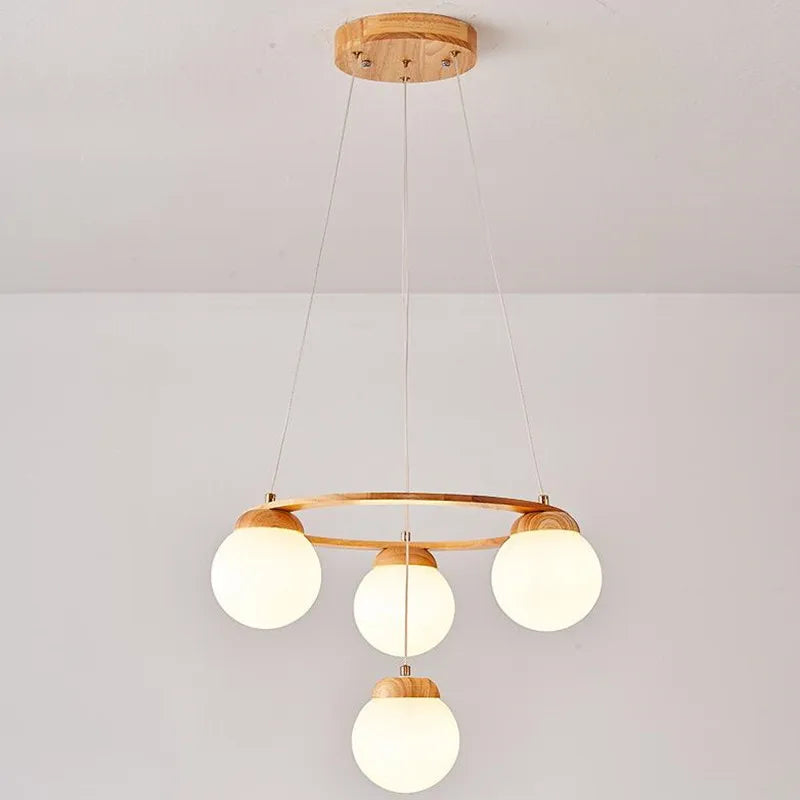 suspension nordique moderne en bois et verre blanc - vue 3 sur 15