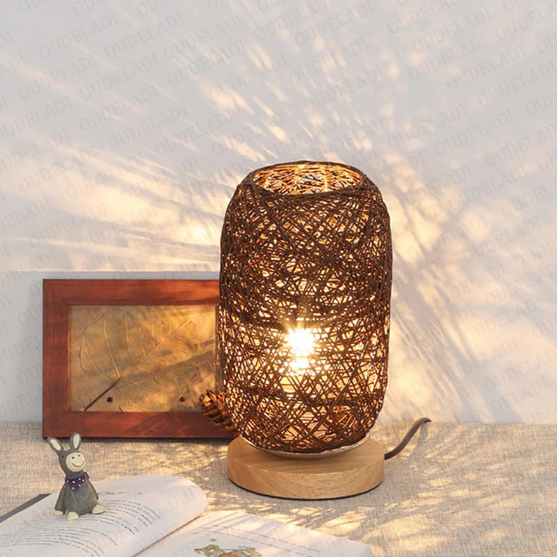 lampe à poser en rotin base bois décoration intérieure moderne - vue 3 sur 8