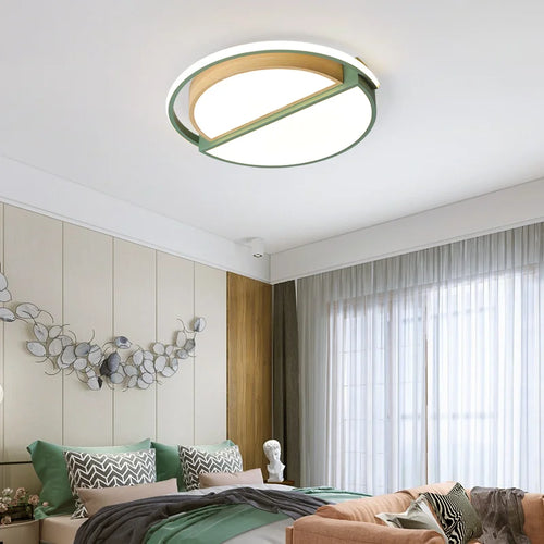 plafonnier rond minimaliste moderne en bois avec lampes led - vue 2 sur 9