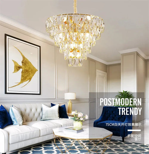 lustre rond en acier doré avec cristal et éclairage led intérieur - vue 3 sur 9