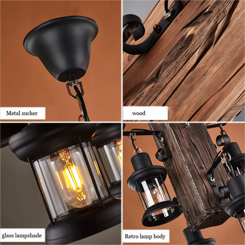 Suspension industrielle en bois avec luminaire en verre - vue 6 sur 7