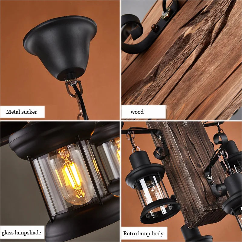 Suspension industrielle en bois avec luminaire en verre - vue 6 sur 7