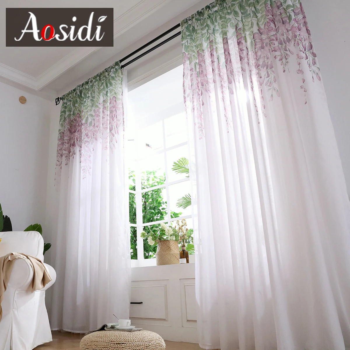 Voilage tulle motif floral moderne pour salon chambre - vue 3 sur 7