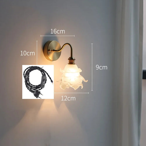 Applique murale fleur verre cuivre tirer chaîne interrupteur LED chambre salle de bain miroir escalier lumière nordique moderne - vue 21 sur 22