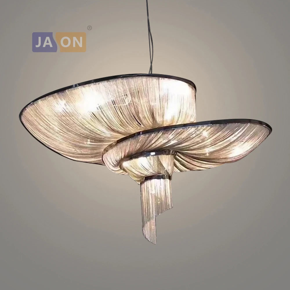 lustre rétro vintage en aluminium avec chaîne dorée et chromée - vue 3 sur 6