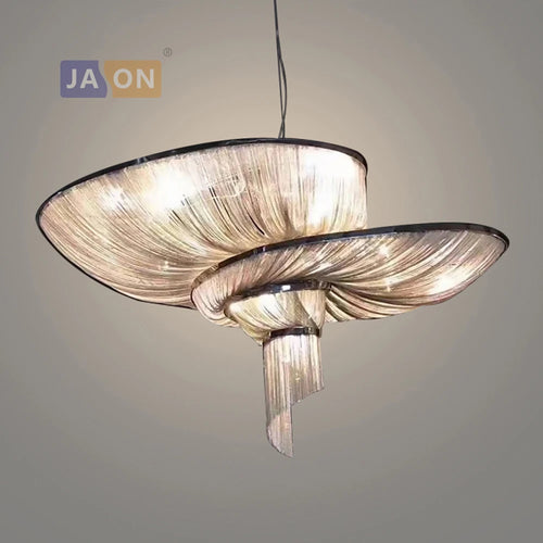 lustre rétro vintage en aluminium avec chaîne dorée et chromée - vue 3 sur 6