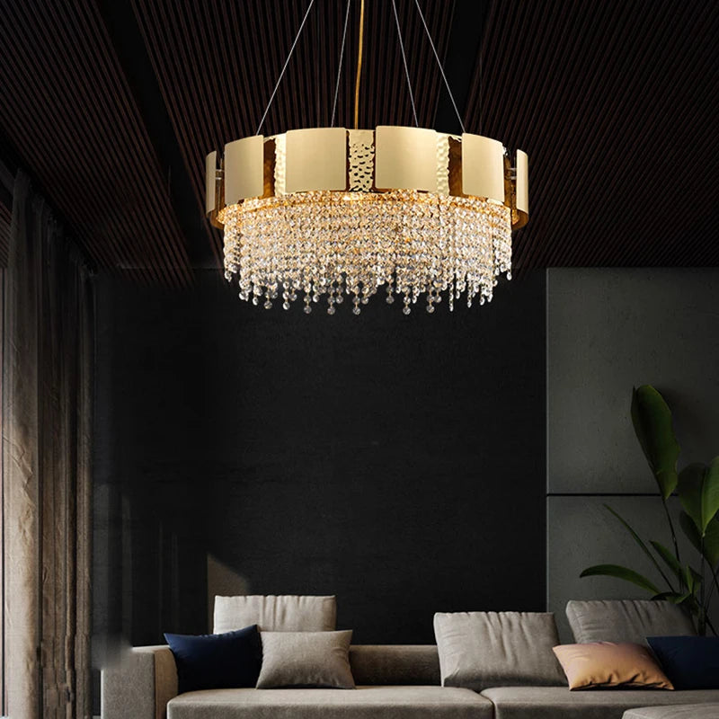 lustre en acier inoxydable à led avec cristal doré - vue 6 sur 16