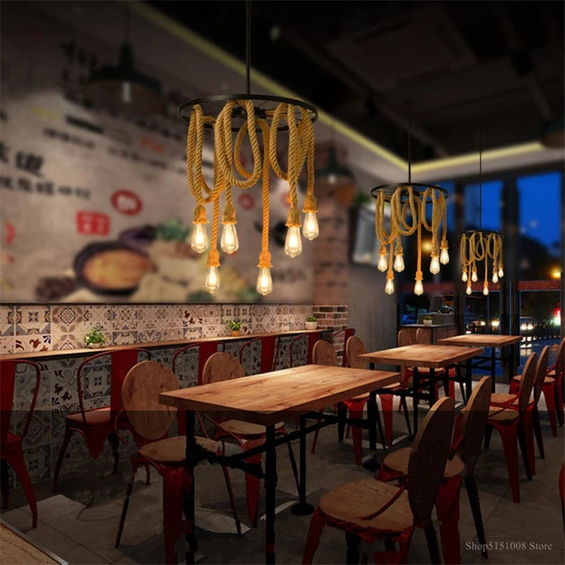 suspension vintage en fer et chanvre pour bar - vue 8 sur 8