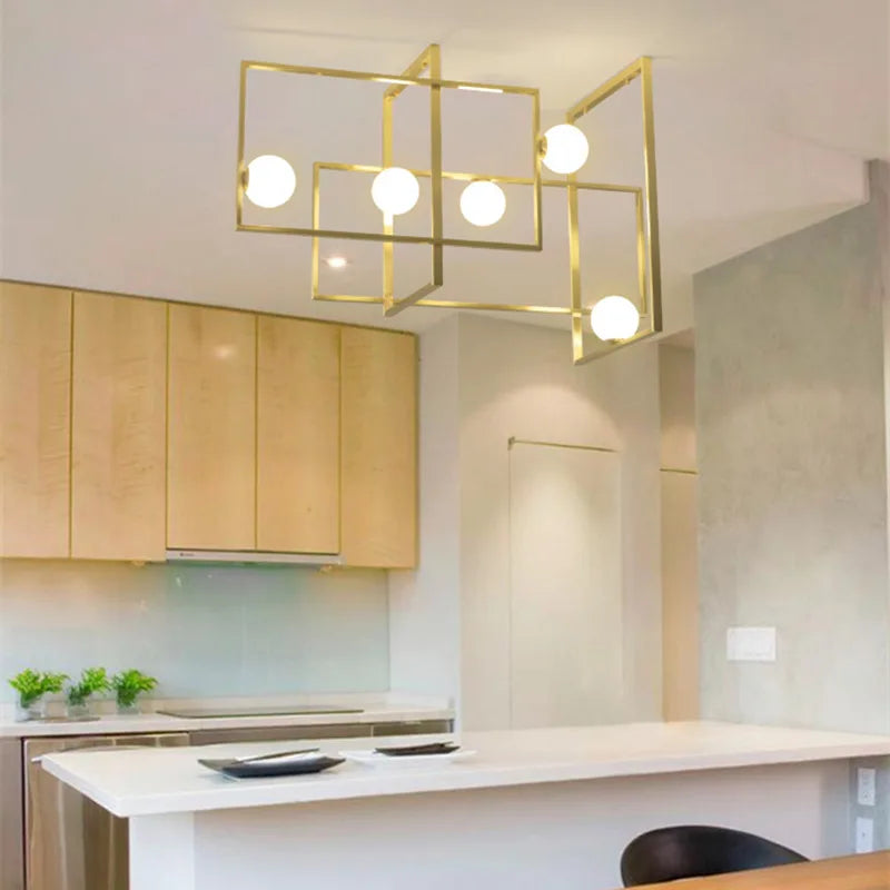 lustre led moderne design innovant cadre doré boule verre - vue 5 sur 8