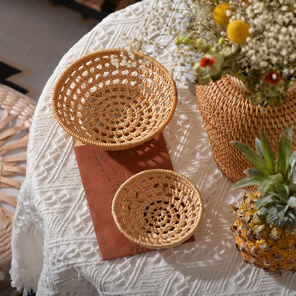 panier rond en rotin tressé pour rangement et pique-nique - vue 5 sur 8