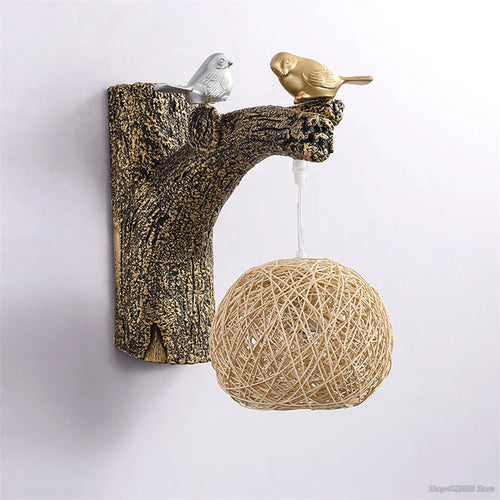 applique murale style chinois oiseaux résine rotin éclairage déco - vue 2 sur 8
