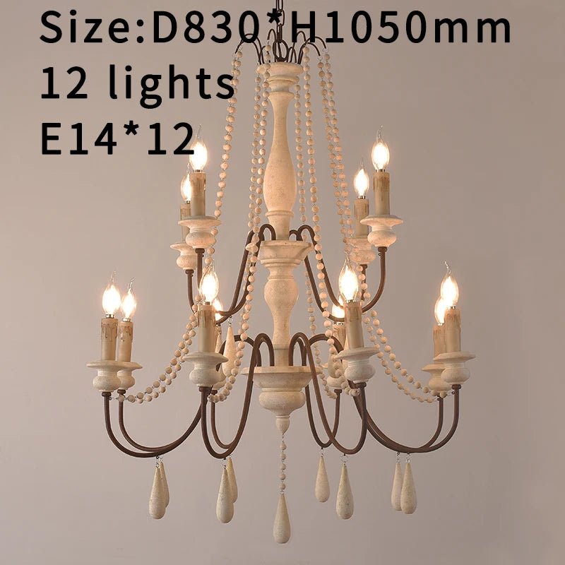 Lustre nordique en bois rétro blanc vintage gris suspendu pour cuisine/chambre à coucher salon 3/6/8/12 lumières salon - vue 12 sur 18