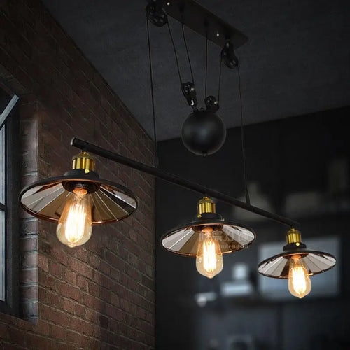 suspension industrielle vintage à 3 têtes avec poulie en fer - vue 7 sur 8