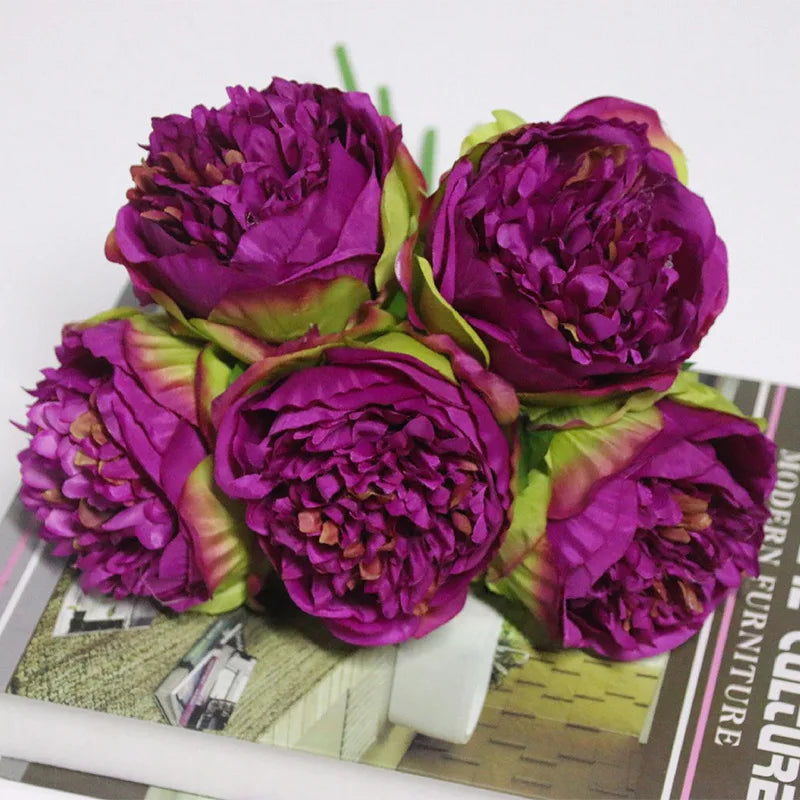 bouquet de 5 pivoines artificielles en soie pour décoration - vue 8 sur 14