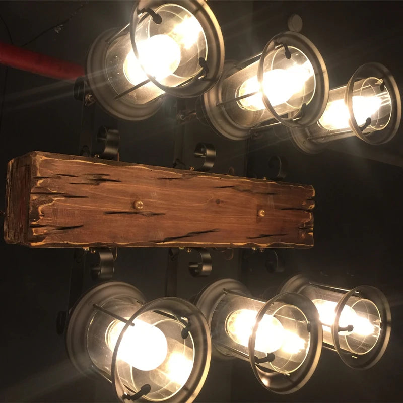 lustre vintage loft en bois avec suspension LED - vue 4 sur 28
