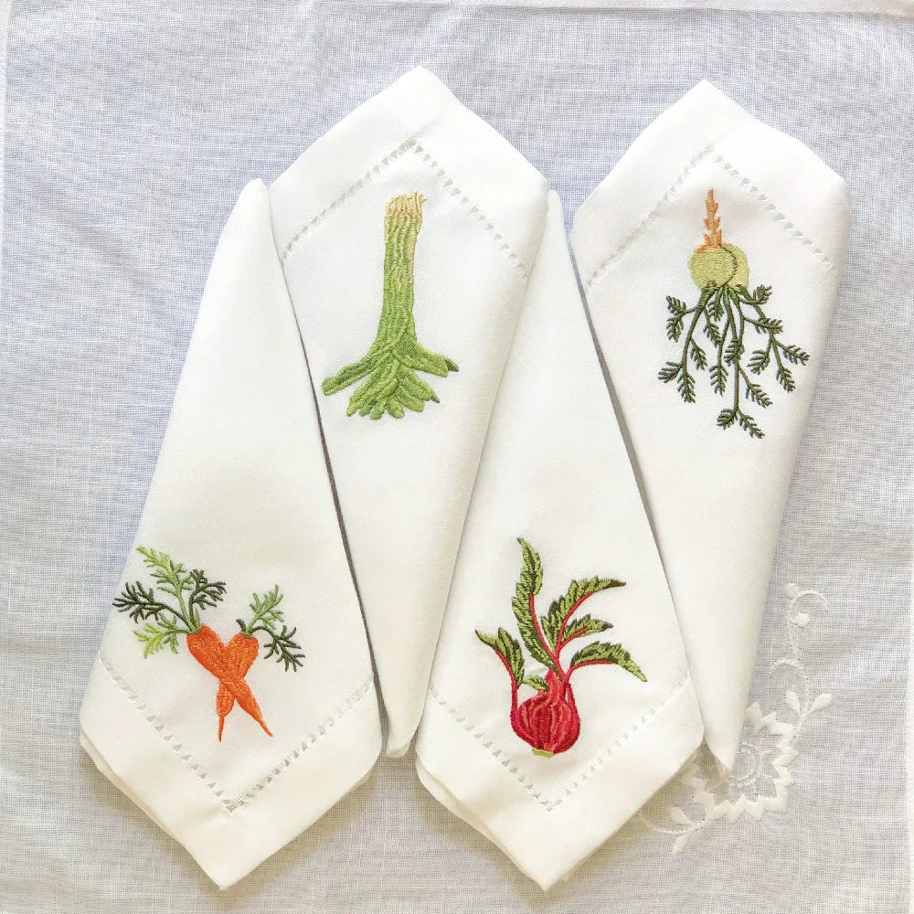 Serviette de table lin coton brodée légumes ajourée