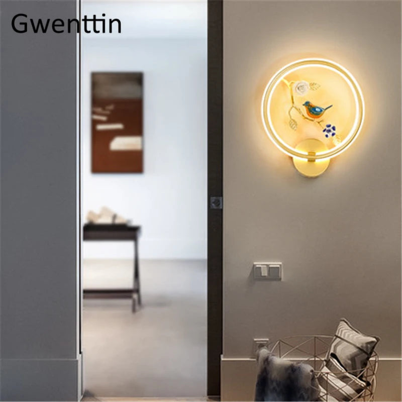 applique murale ronde à led fleur et oiseau décoratif pour intérieur - vue 3 sur 20