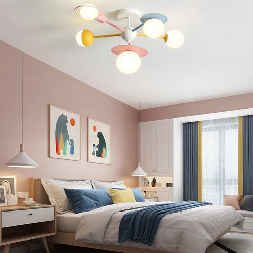 Nordique enfants chambre lustre éclairage abat-jour en verre dessin animé LED bleu rose plafonnier pour fille garçon enfants princesse chambre - vue 3 sur 7