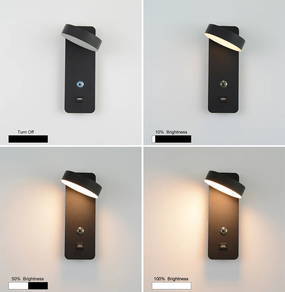 LITU applique murale d'intérieur moderne en aluminium tactile gradation interface USB LED éclairage pour salon chevet couloir applique murale décor - vue 4 sur 9