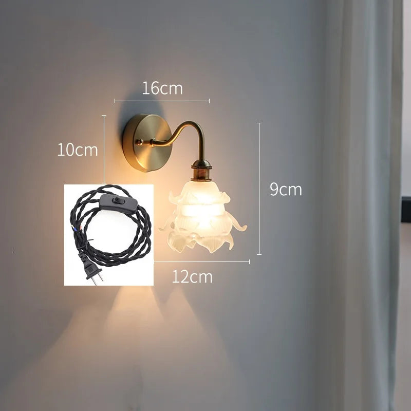 Applique murale fleur verre cuivre tirer chaîne interrupteur LED chambre salle de bain miroir escalier lumière nordique moderne - vue 19 sur 22