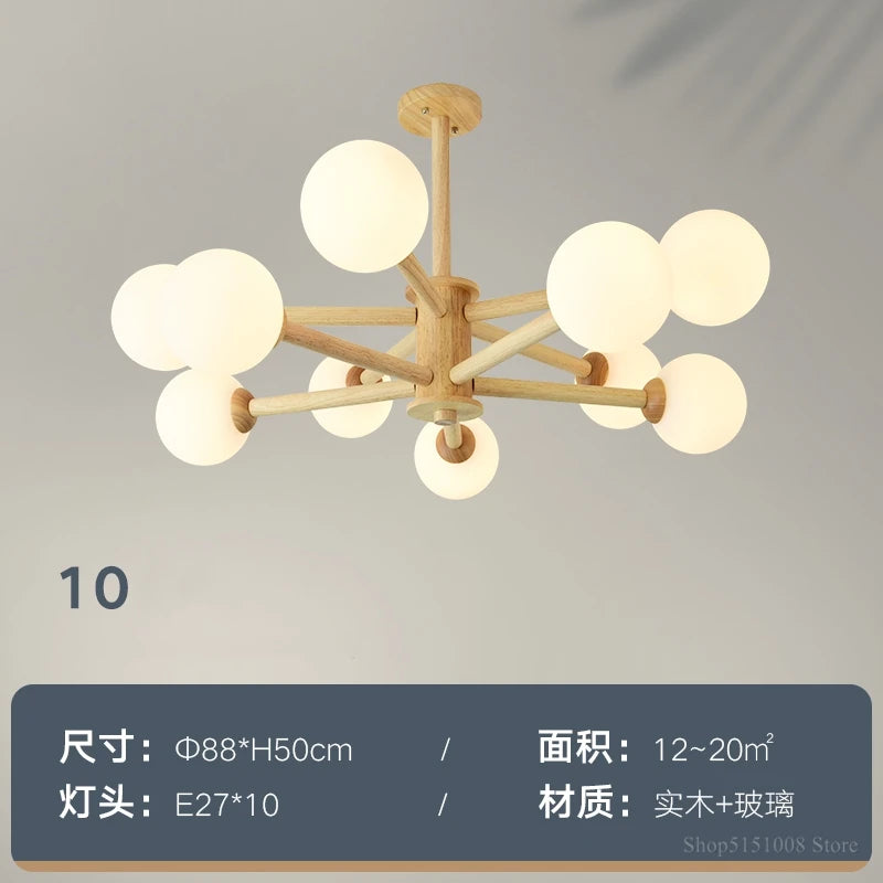 lustre nordique led en bois massif moderne rond - vue 7 sur 10
