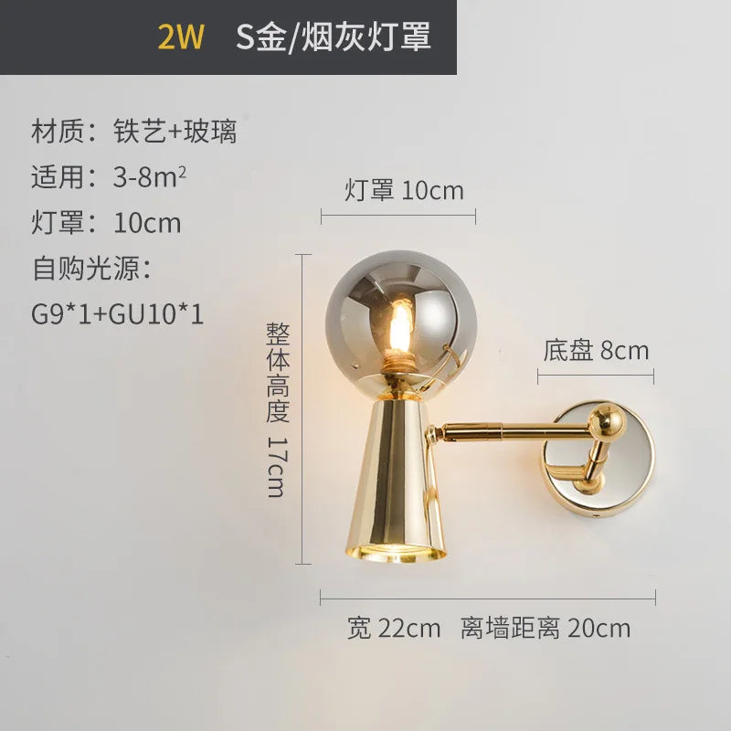 applique murale en fer forgé tête de verre rotative lampes LED décoratives - vue 12 sur 12