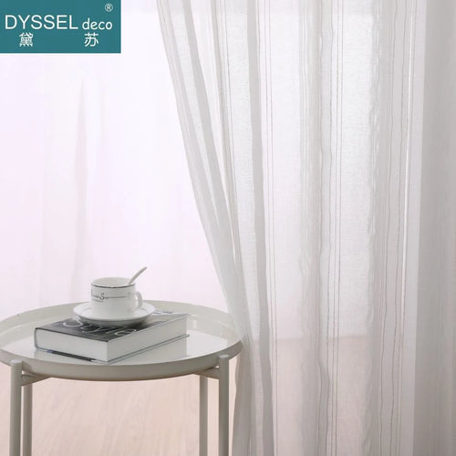 Rideau lin et tulle rayures style europeen salon - vue 4 sur 6