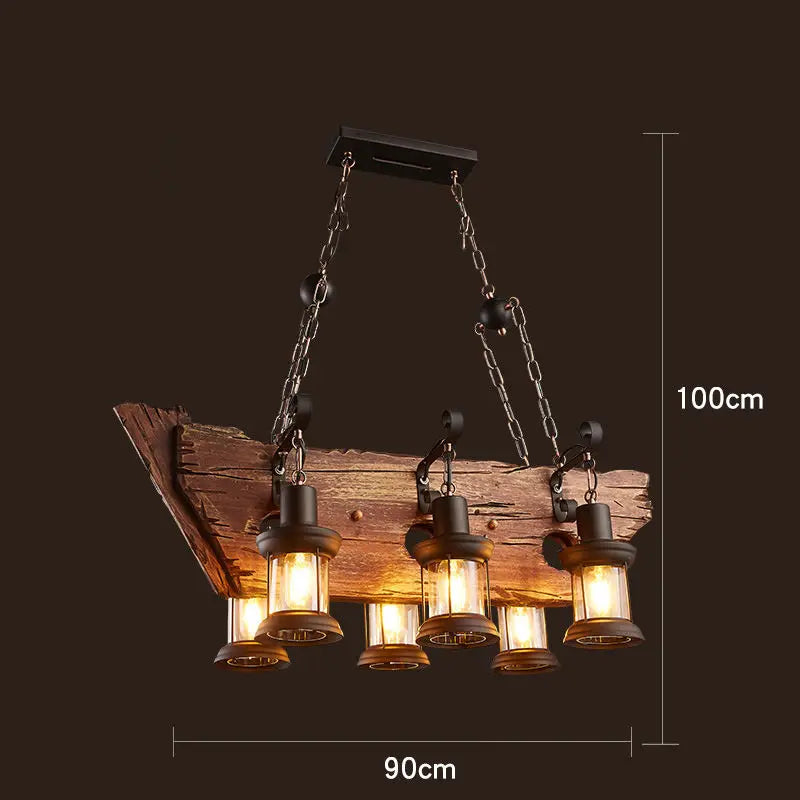 lustre vintage loft en bois avec suspension LED - vue 12 sur 28