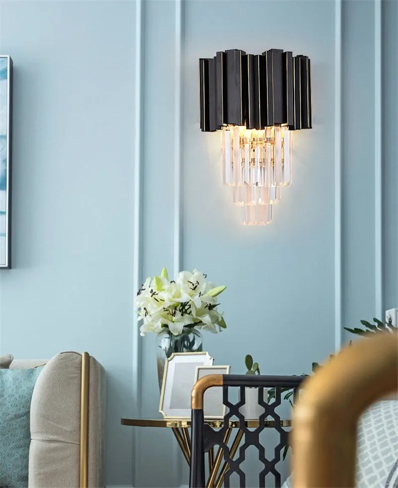 Crystal Wall Light, Gold Black Finish Wall Sconce, Modern K9 Crystal Drops Shade Wall Lamp Bedroom Living Room Lighting - vue 4 sur 7