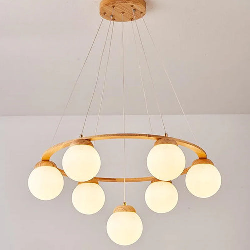 suspension nordique moderne en bois et verre blanc - vue 3 sur 15