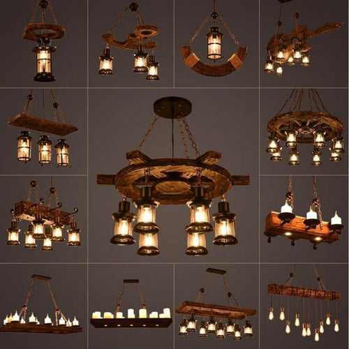 lustre vintage loft en bois avec suspension LED - vue 5 sur 28