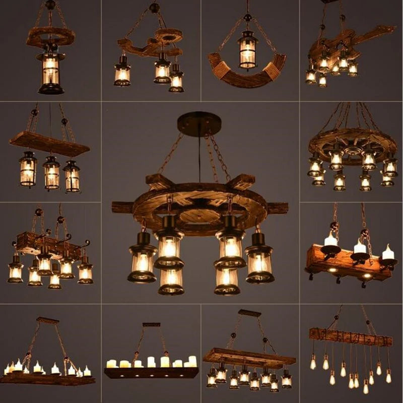 lustre vintage loft en bois avec suspension LED - vue 5 sur 28