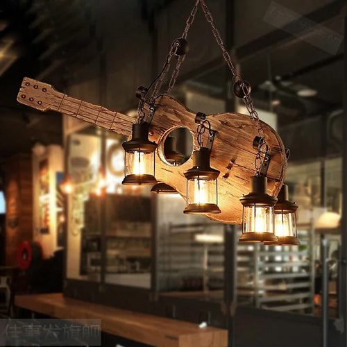 lustre vintage loft en bois avec suspension LED - vue 2 sur 28