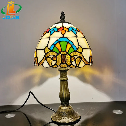 lampe de chevet baroque style tiffany en verre antique métal - vue 7 sur 6