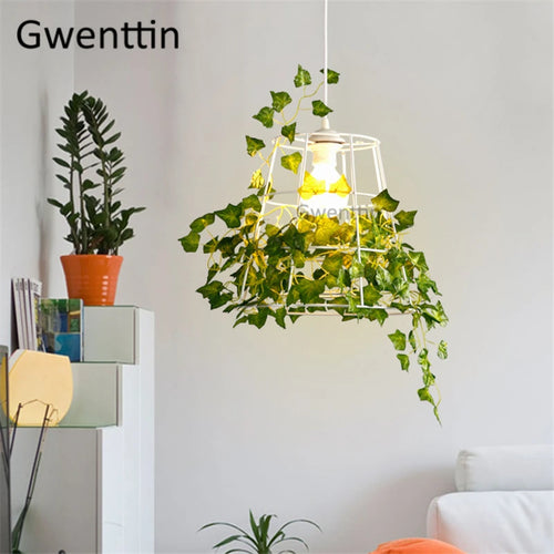 suspension moderne en cage à oiseaux avec plantes décoratives - vue 3 sur 7