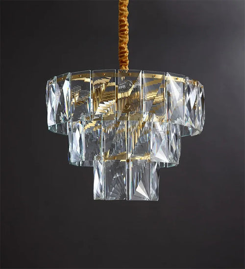 lustre rond en acier doré avec éclairage led en cristal