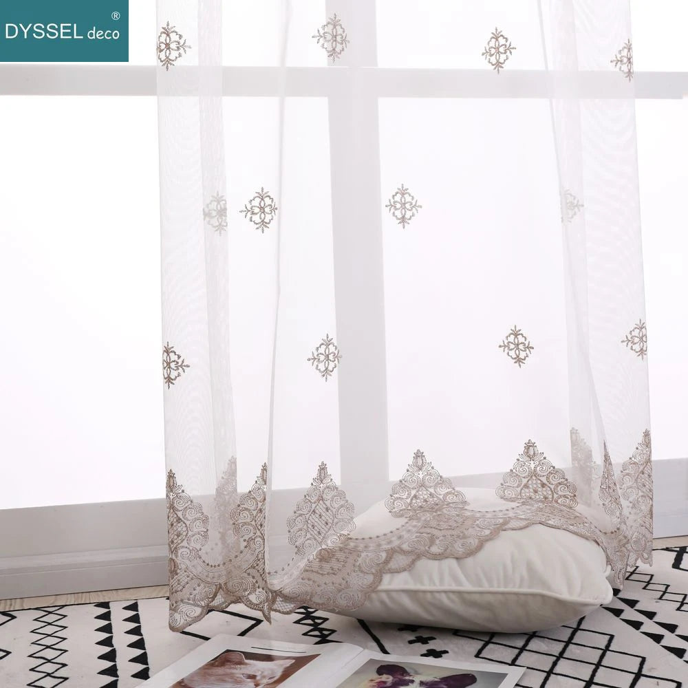 Voilage tulle brodé fleurs bord festonné style européen - vue 4 sur 8