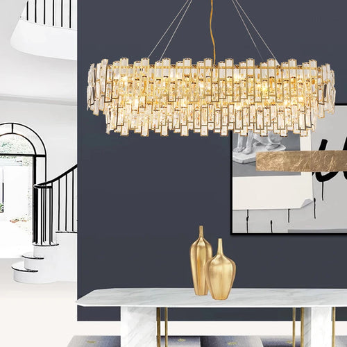 lustre design led moderne en cristal argenté et doré suspendu - vue 4 sur 13