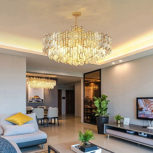 lustre design led moderne en cristal argenté et doré suspendu - vue 3 sur 13